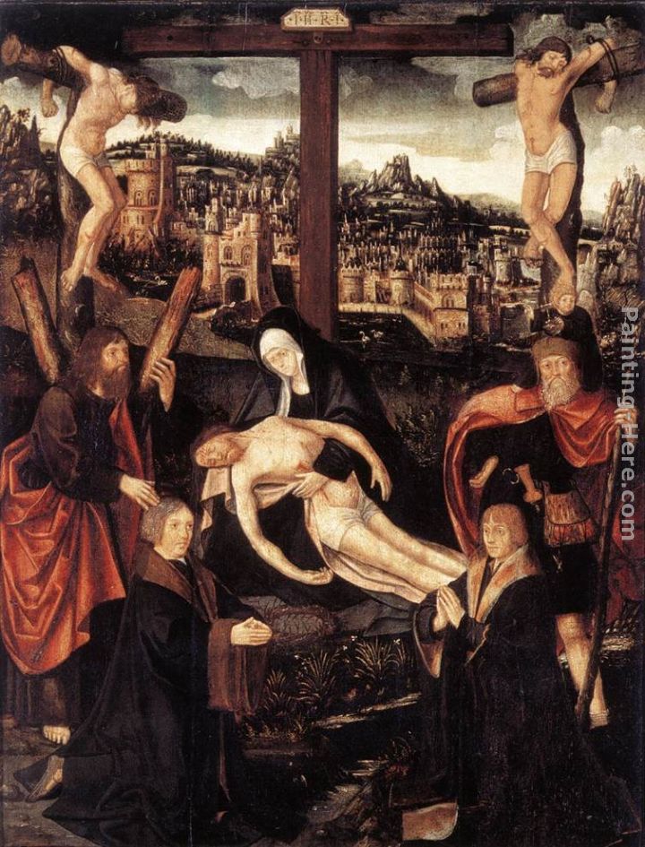 Jacob Cornelisz Van Oostsanen Crucifixion with Donors and Saints